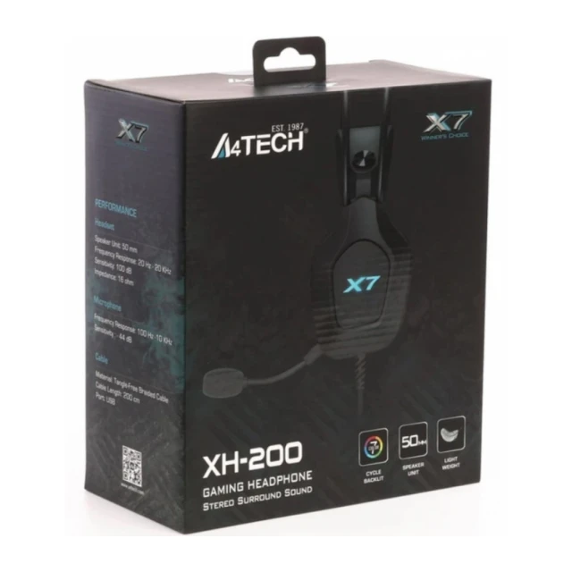 A4-XH-200 A4Tech X7 gejmerske slusalice sa mikrofonom, SURROUND, 50mm/16ohm, USB, LED, Black