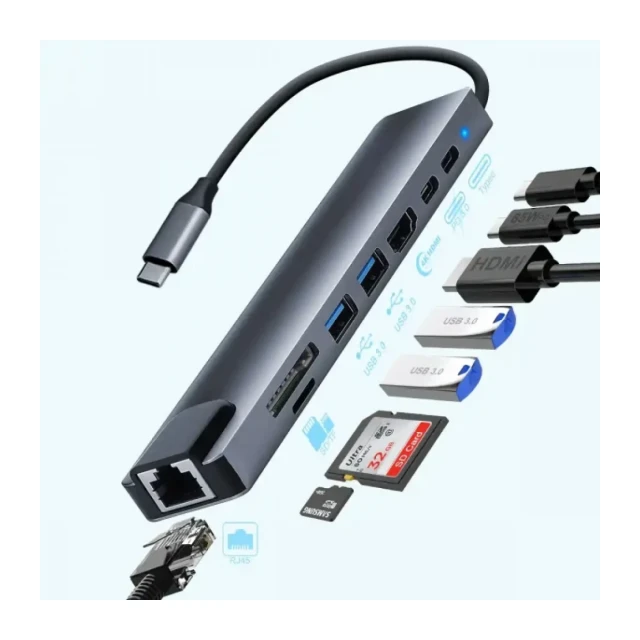 Adapter-konverter USB Tip C Zeus 11/1 1xUSB3.0/3xUSB2.0/HDMI/TF/SD/Audio/RJ45/VGA/Tip C PD