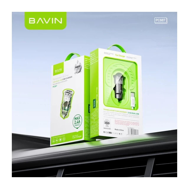 Bavin auto punjač 2.4A Dual 2xUSB-A + kabl type-A na type-C crna