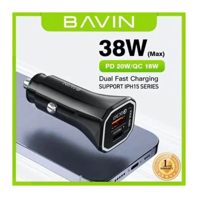 Bavin auto punjač max 38W PD20W+ QC3.0 USB-A + USB-C crna