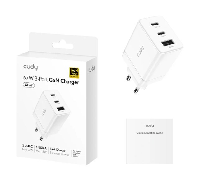 Cudy CH67_EU Brzi punjac za telefone i tablete 2xUSB-C/1XUSB-A, 67W