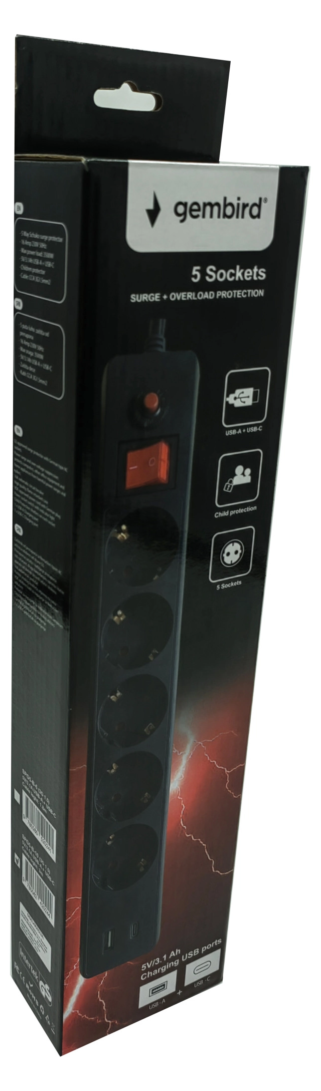 KABL NAPONSKI PRODUZNI 5UTICNICA+USB-A+C PUNJENJE 1.8M GEMBIRD