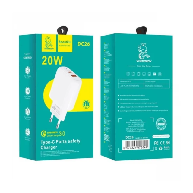 Kućni punjač Denmen DC26 fast 20W USB-A + Type C