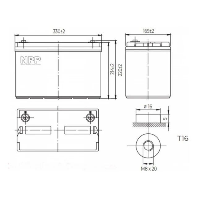 NPP NPG12V-100Ah, GEL BATTERY, C20=100AH, T16, 330x171x214x220, 27,3KG, Light grey