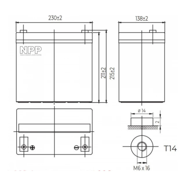 NPP NPG12V-55Ah, GEL BATTERY, C20=55AH, T14, 230*138*208*212, 15KG, Light grey