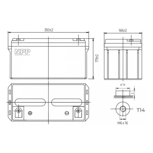NPP NPG12V-65Ah, GEL BATTERY, C20=65AH, T14, 350*168*179*179, 18,3KG, Light grey