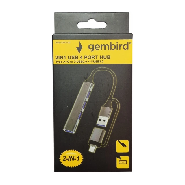 UHB-U3P4-06 Gembird HUB Type-A+C to 3*USB2.0 + 1*USB3.0 Aluminum